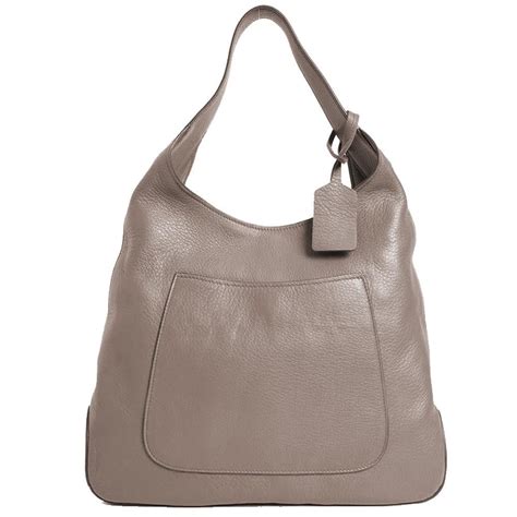 Prada Women's Argilla Grey Leather Large Hobo Handbag 1Bc006